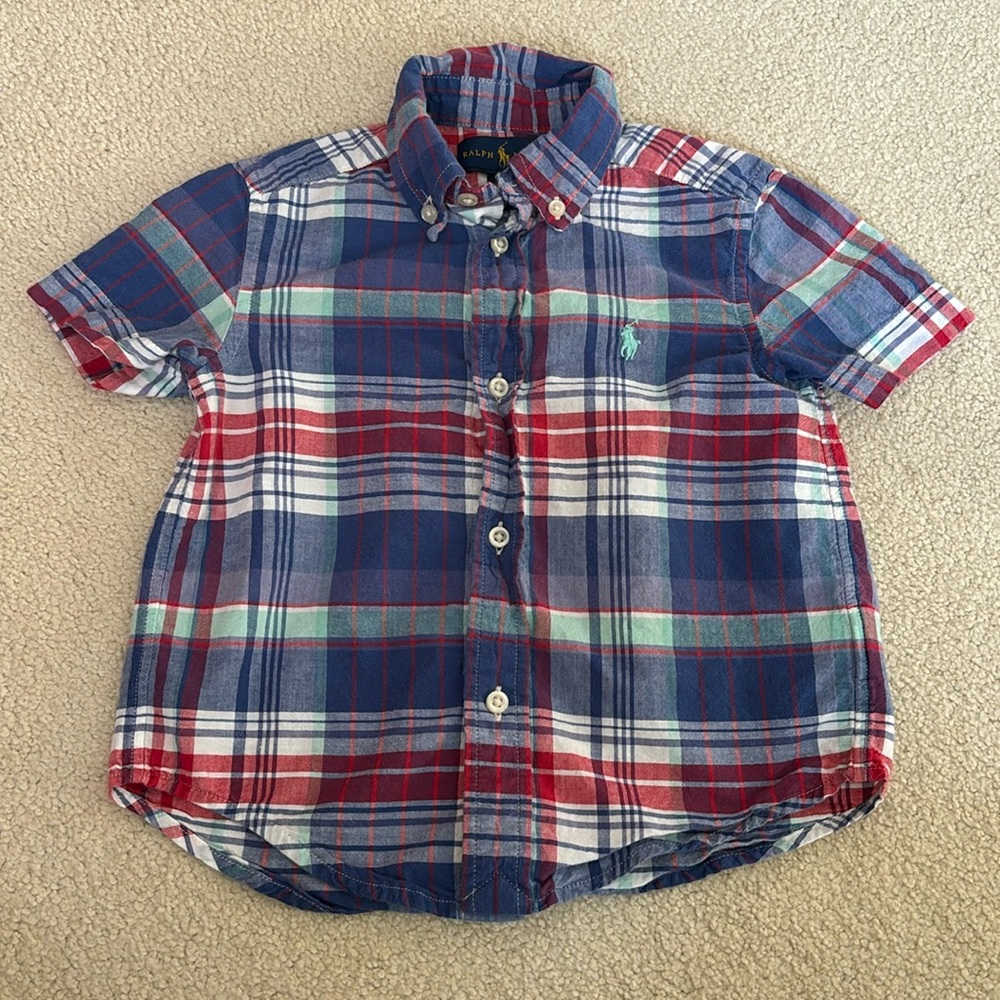 Ralph Lauren boy size 2/2T plaid, short sleeve, button-down